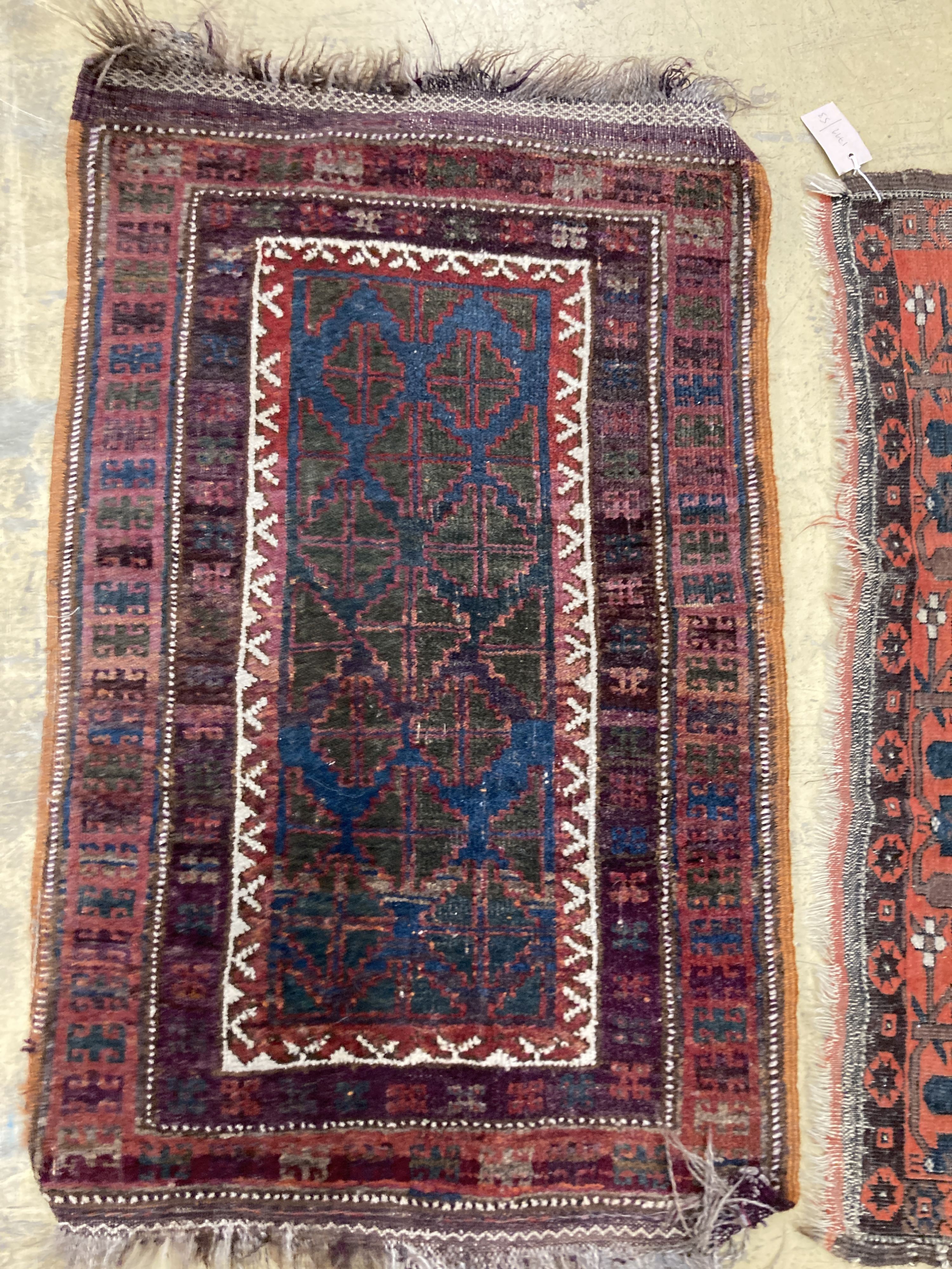 An antique Bokhara rug 170 x 94, Turkoman mat, a Belouch mat and two others.